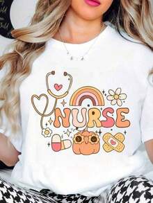 Nurse T-Shirt With Stethoscope, Rainbow Flowers And Bandage Print For Medical Workers And Healthcare Professionals - Putih - View 7