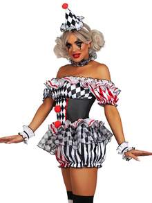 5Pcs Halloween Women Creepy Clown Costume Adult Circus Freakshow Scary Killer Clown Dress Jumpsuit Cosplay For Costume Party Off Shoulder Shorts Romper Dress+Sleeves+Collar+Hat+Stockings - 黑色 - 查看 6