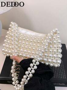 Dedoo 1pc Pearl Beaded Woven Faux Pearl Handbag, Multifunctional Women's Shoulder Bag Suitable For Formal Occasions Or Daily Commute - White - View 2