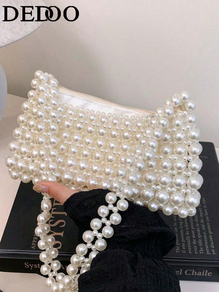 Dedoo 1pc Pearl Beaded Woven Faux Pearl Handbag, Multifunctional Women's Shoulder Bag Suitable For Formal Occasions Or Daily Commute