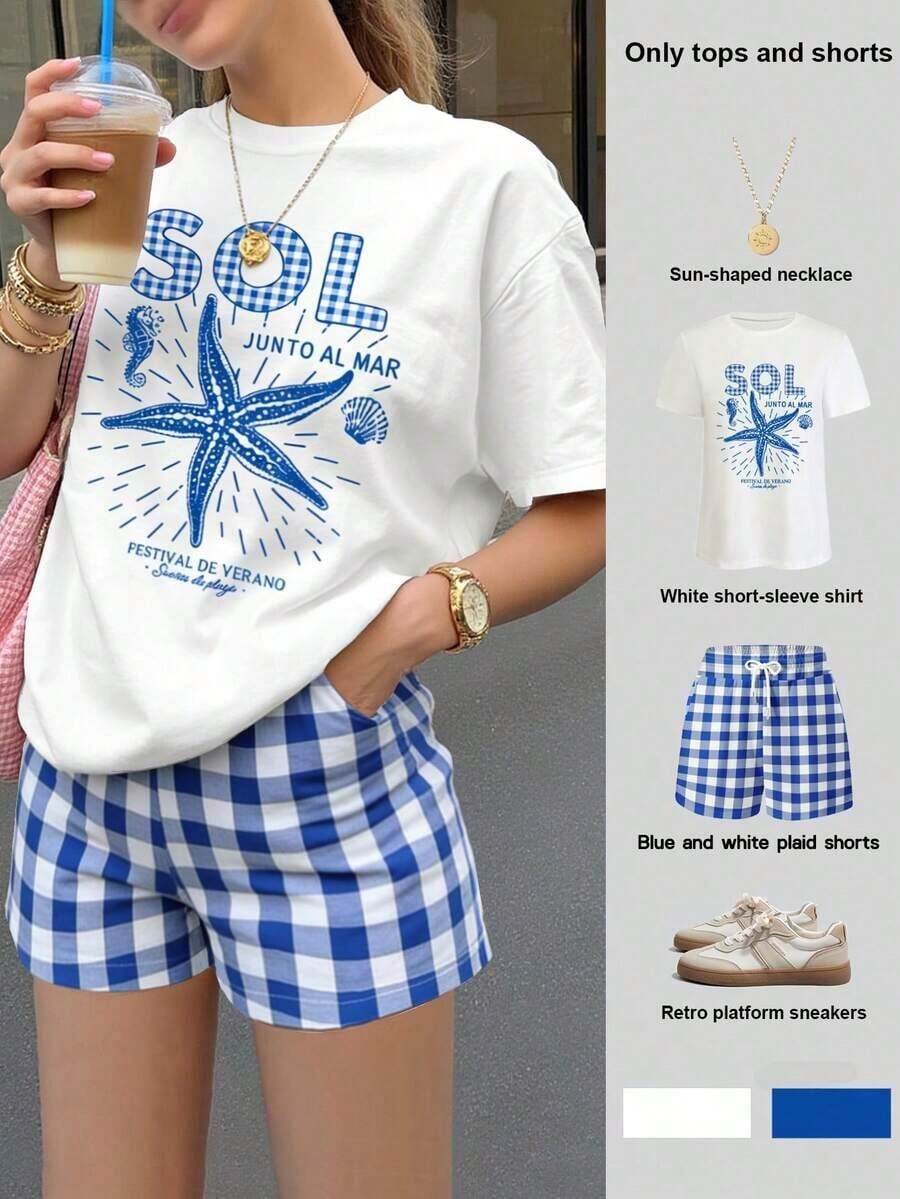 Conjunto de dos piezas de verano para mujer, shorts a rayas blancas y azules, camiseta holgada para mujer, conjunto básico talla grande vendido, con estampado de lazo - Blanco - Ver 1