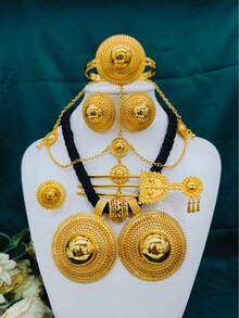 1 Necklace, 1 Bracelet, 1 Pair Of Earrings, 1 Ring, 1 Hair Fork, 1 Head Chain, 6pcs/Set Fashion Women's Gold-Plated Black Rope Double-Head Pendant Jewelry Set, Accessories, Saudi Arabia, Europe, America, Middle East, Dubai, Africa, Bride, Wedding, Banquet, Date, Evening Dress, Mother's Day, Valentine's Day, Birthday, Wedding Season, Graduation Season, Daily Wear, Gift For Mom, Sister, Girlfriend - Yellow Gold - View 1