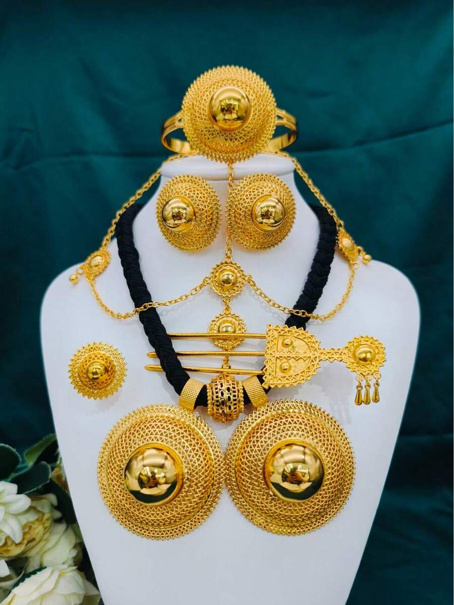 1 Necklace, 1 Bracelet, 1 Pair Of Earrings, 1 Ring, 1 Hair Fork, 1 Head Chain, 6pcs/Set Fashion Women's Gold-Plated Black Rope Double-Head Pendant Jewelry Set, Accessories, Saudi Arabia, Europe, America, Middle East, Dubai, Africa, Bride, Wedding, Banquet, Date, Evening Dress, Mother's Day, Valentine's Day, Birthday, Wedding Season, Graduation Season, Daily Wear, Gift For Mom, Sister, Girlfriend - Yellow Gold - View 1