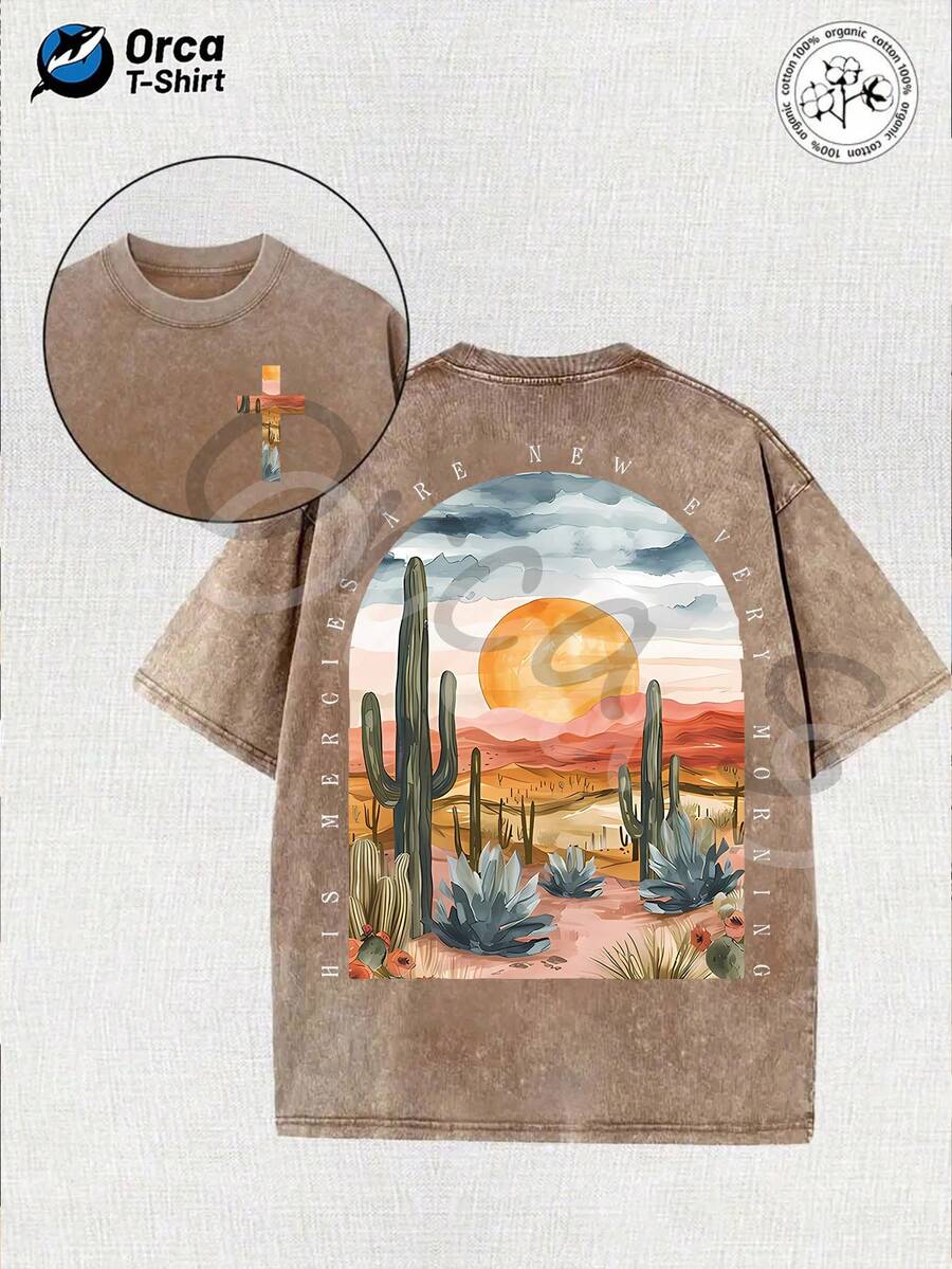 Women's T-Shirt With A Desert Cactus Print And "Morning Grace" Text, A Fashionable, High-Quality Washed Cotton T-Shirt From The Orca S Brand. This Unisex T-Shirt Is A Popular Choice For Everyday Wear And Makes A Great Gift For Family And Friends On St. Patrick's Day, Easter, Carnival, Mother's Day, Independence Day, And Other Holidays. Casual. - 咖啡色 - 查看 1