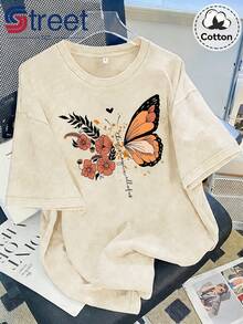 Women's T-Shirt, New Vintage Summer T-Shirt Made Of Washed And Distressed Cotton, Short Sleeve, With An American-Style Orange Butterfly Floral Print, Plus Size Top For Women, Loose Fit, Dropped Shoulders, Round Neck, Oversized Style, Comfortable And Fashionable, Versatile For Everyday Wear, Women's Casual Clothing Style Y2k. - 杏色 - 查看 12