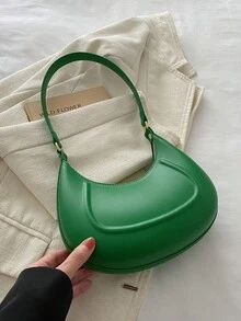 1 pieza Bolso de hombro en forma de media luna de color café con piel de PU, bolso debajo del brazo de mujer de unicolor simple de moda, para otoño/invierno - Verde - Ver 4