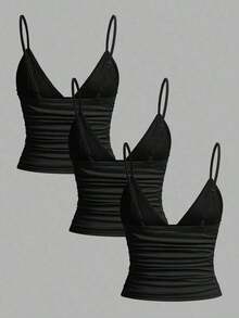 Set de 3 camisetas de mujer con lunares blancos y negros y encaje - Negro - Ver 2