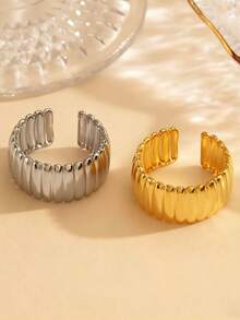 1pc Minimalist Ribbed Stripe Metal Feeling Open Ring, Adjustable Size Stainless Steel Gold Plated Wave Pattern Versatile Fashion Accessory Suitable For Daily Wear And Gift - Multicolor - View 3