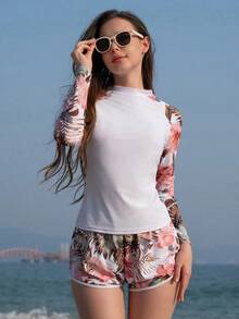 Swim SPRTY Rashguard de manga raglán con estampado tropical para playa de verano - Multicolor 3 - Ver 4