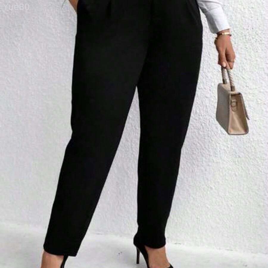 Plus Solid Slant Pocket Suit Pants Graduation,Back To School,Teacher Outfits For Women Winter Fall Autumn - Negro - Ver 1