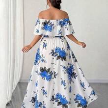 Elenzya Plus Size Women's Spring/Summer New Arrival Floral Print Dress, Off Shoulder Ruffle Romantic Sexy Waist Pleated Maxi Dress, Suitable For Romantic Vacation, Dates, Travel, Urban Outings, Music Festivals, And Romantic Occasions - Multicolor - Ver 9