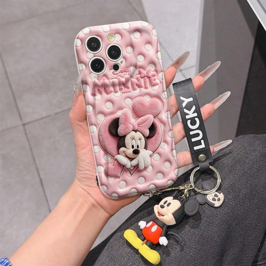 Disney Mickey Mouse Clubhouse Phone Case : 3D Fluffy Pattern Border Protector Phone Soft Phone Case With A Free Cute Mickey Bracelet Chain Lanyard, Mickey, Minnie, Goofy, Donald Duck, Daisy Duck, Pluto, For Apple 17 Promax 17 Pro 16 15 14 13 12 11 Pro Max XS Max X XR Soft Cover Summer Phone Case - trắng - Xem 1