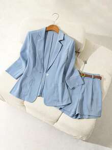 Traje de moda con blazer azul claro de solapa entallada + shorts con cinturón para mujer - Azul - Ver 1