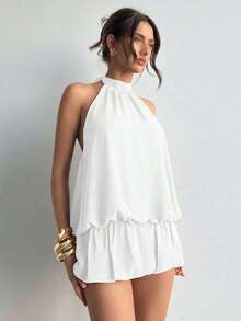 casual de verano para mujer con cuello halter, unicolor y volantes en el bajo - Blanco - Ver 5