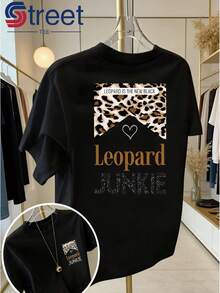 Camiseta vintage de mujer con estampado a doble cara, estilo casual de verano con cuello redondo y mangas cortas, camiseta estampada a la moda, con estampado de leopardo "Leopard " con corazones y letras, corte holgado y estilizador, atuendo dulce y fresco para chicas a la moda. - Negro - Ver 12