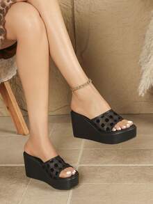 Women's Thick Sole Mule Shoes, Spring/Summer New Wedge Heel Platform Open Toe Breathable Mesh Slip-On Sandals, Fashion Round Toe Outdoor Casual Slippers, Versatile Large Size - Black - View 9