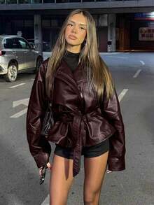 Chaqueta ligera con cuello de solapa y cinturón de piel sintética para mujer SHIBASHAN, abrigo de manga larga de piel sintética de moda color negro - Burdeos - Ver 5