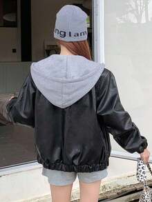 -Less Chaqueta de piel de imitación con bolsillos en ángulo, ropa de mujer de otoño - Negro 2 - Ver 7