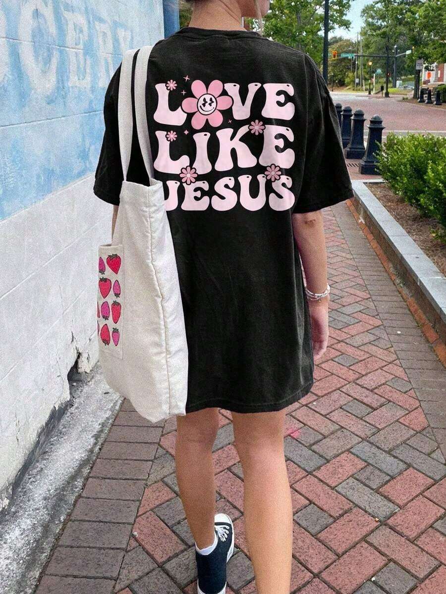 Vestido Camiseta de Verano para Mujer, Manga Corta, Estampado con el Patrón "Love Like Jesus", Vestido Casual de Cuello Redondo y Manga Corta de Tejido de Punto, Adecuado para Primavera y Verano, Apto para Adultos de Todas las Edades, Transpirable, 100% Algodón. - Negro - Ver 1