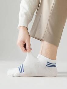 1/5 pares de calcetines de tobillo de algodón a rayas para hombres, calcetines casuales de corte bajo transpirables de malla, adecuados para uso diario en todas las estaciones - Multicolor - Ver 2