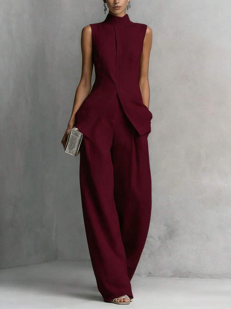 2026 Women's Draped Linen Cotton Solid Sleeveless Shirt Long Pants Two Piece Set - Màu Đỏ Sâu - Xem 1