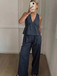Conjunto de 2 piezas de top de tirantes finos a rayas y pantalones casuales para mujer, conjunto de ropa de estar en casa de verano - Azul marino 7 - Ver 3