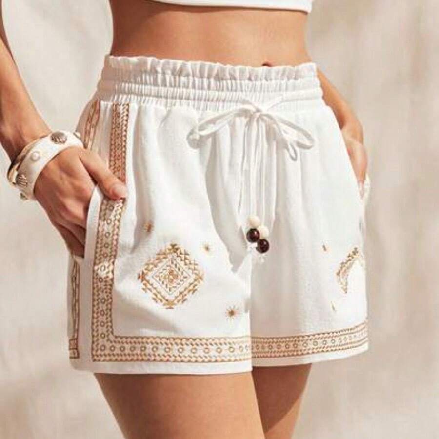 X Scot Louie White Woven Women's Casual Boho Color Block Embroidery Comfy Shorts Bead Strap Graduation - Multicolor - Ver 1