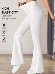 Pantalones acampanados de cintura alta de unicolor casuales para mujer de talla pequeña, primavera - Blanco - Ver 3