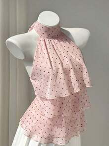 Camisa de mujer con volantes y estampado de lunares, con lazo a la cintura, estilo casual y de vacaciones, ajuste favorecedor, adecuada para la playa - Rosa - Ver 8