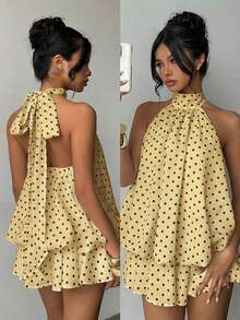 Vestido mini elegante de mujer con estampado de lunares y escote halter sin espalda - Amarillo claro - Ver 9