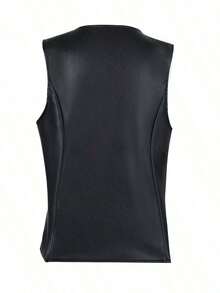 Blusa sin mangas de unicolor con botones delanteros de PU, estilo vintage, casual, color negro para verano - Negro - Ver 5