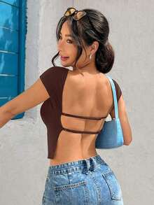 Camiseta corta negra de punto ajustada y sin espalda para verano - Marrón Chocolate - Ver 1