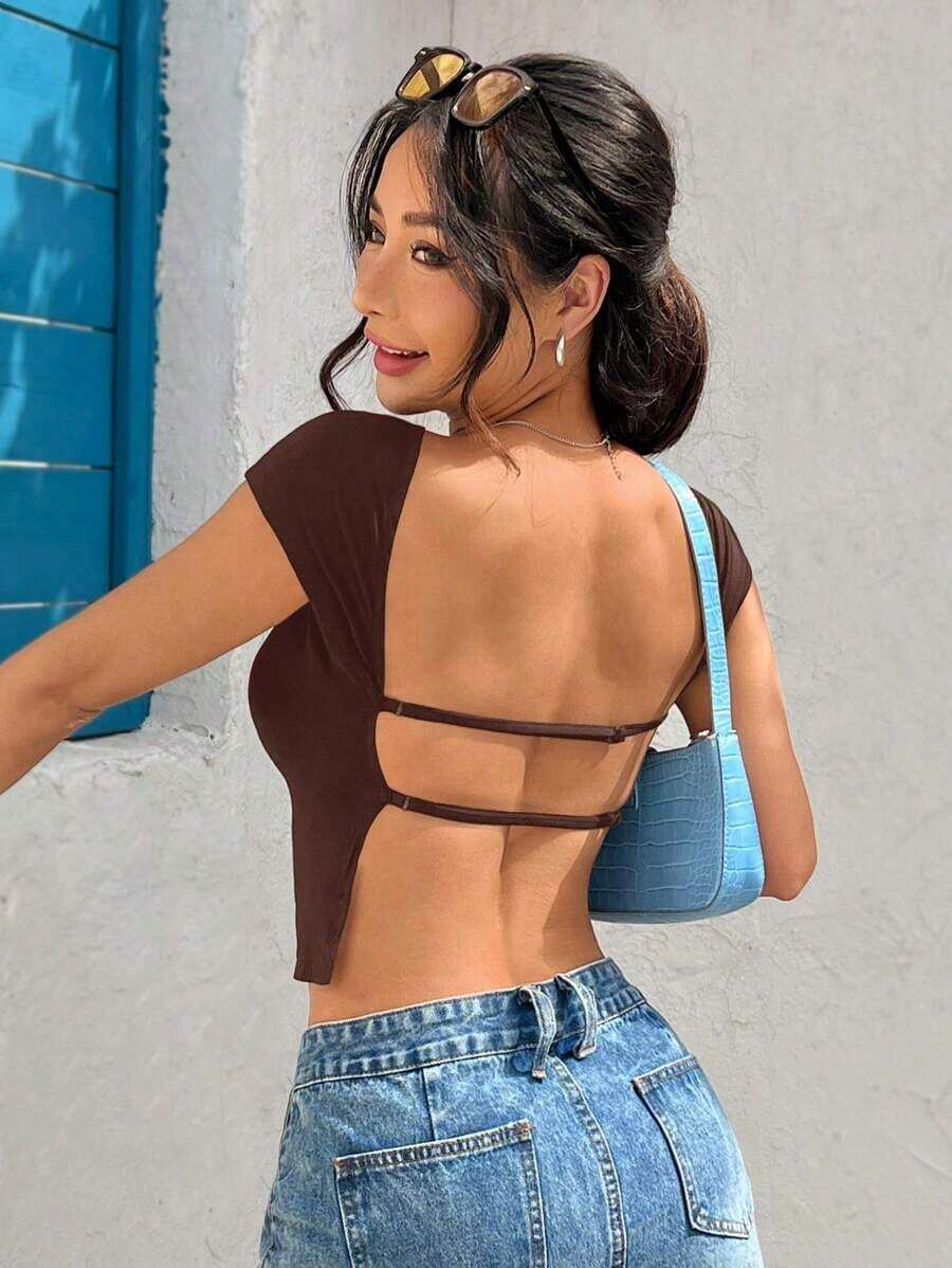 Camiseta corta negra de punto ajustada y sin espalda para verano - Marrón Chocolate - Ver 1