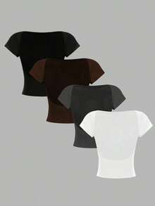 4 piezas Camisetas de mujer de unicolor casual, de cuello redondo, ajustadas y con espalda calada, adecuadas para el verano - Multicolor 11 - Ver 1