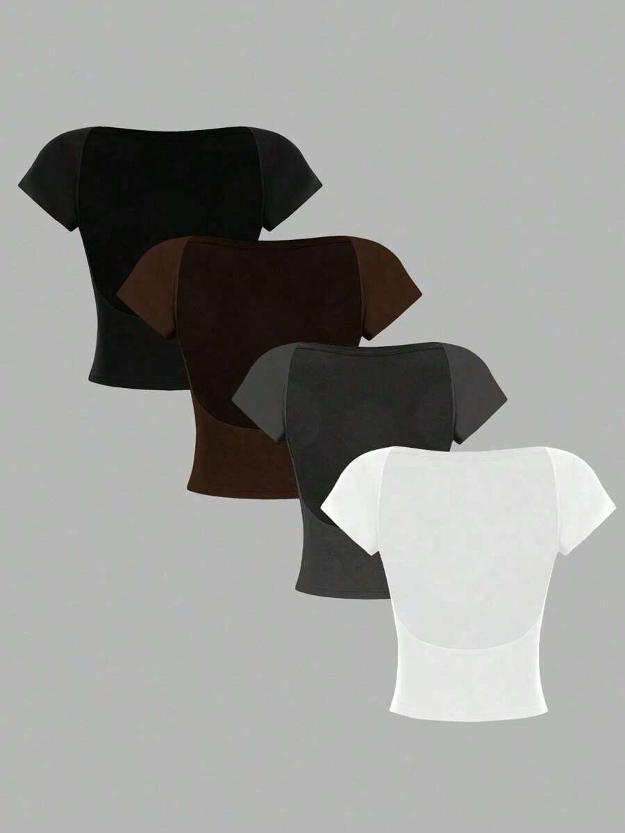 4 piezas Camisetas de mujer de unicolor casual, de cuello redondo, ajustadas y con espalda calada, adecuadas para el verano - Multicolor 11 - Ver 1