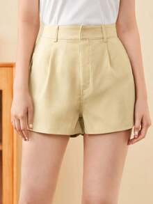 Shorts diarios tejidos de unicolor para mujer, sencillos - Beis 2 - Ver 3