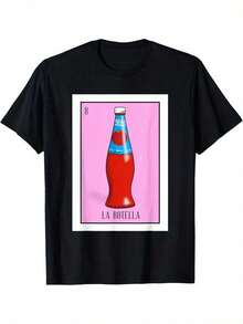 La Botella Printed T-Shirt With Mexican Lottery Card Design, Women's Printed T-Shirt 220g, 100% Cotton, Retro Urban Short Sleeve T-Shirt For Women, Casual Round Neck T-Shirt For Everyday Wear In All Four Seasons, Party Gifts - 黑色 - 查看 7