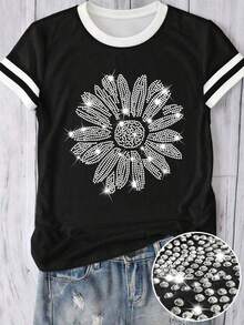 Camiseta de Mujer con Estampado Floral y Brillantes, Cuello Redondo, Manga Corta, Estilo Casual para Uso Diario - Blanco - Ver 3