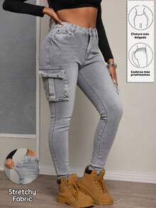Pantalones de mezclilla skinny cargo lavado, elásticos, con múltiples bolsillos, efecto levantador de glúteos, control abdominal y puños ajustados - Gris - Ver 1