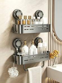 Estantería de almacenamiento de baño de 2 niveles resistente a la oxidación, organizador montado en la pared con ventosa, portarrollos de papel higiénico multifuncional con ventosa, sin necesidad de perforar para el baño, la cocina, la caravana - multicolor - Ver 9