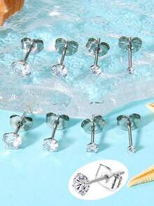 Bộ 4 đôi bông tai đinh tán bằng thép không gỉ, không gây dị ứng, đính đá Cubic Zirconia màu bạc, dành cho nữ. - Bạc - Xem 1