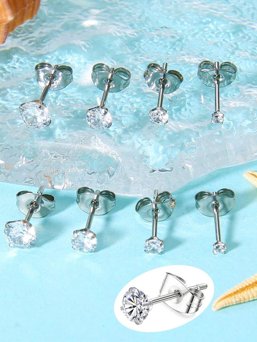Bộ 4 đôi bông tai đinh tán bằng thép không gỉ, không gây dị ứng, đính đá Cubic Zirconia màu bạc, dành cho nữ. - Bạc - Xem 1