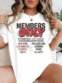 Summer T-Shirts With A Graphic Print Featuring The Bold Phrase "Members Only," Symbolizing Unity, Confidence, And Global City Names, Showcasing A Daring Urban Attitude. Women's Casual T-Shirt, 1 Piece, 100% Cotton, Summer Wear. - 白色 - 查看 10