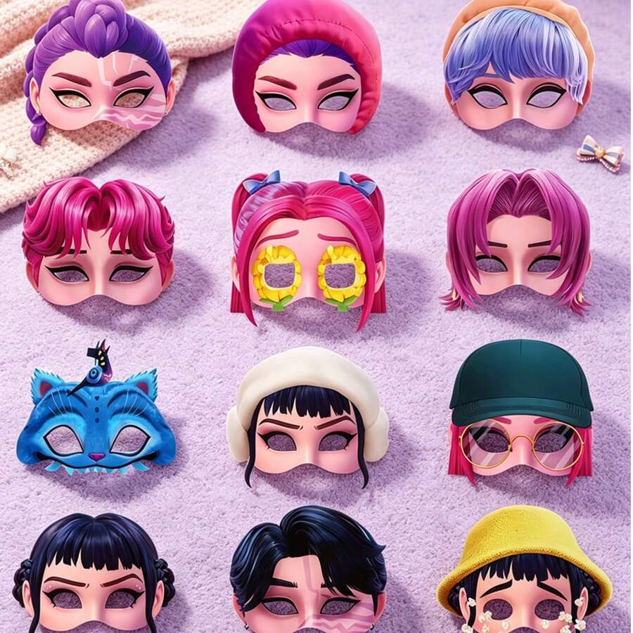 12个装 K-POP 女巫狩猎主题面具,可爱卡通全脸派对面具,适合儿童青少年,逼真精致的女巫狩猎主题图案印花,时尚 K-Pop 主题派对面具,轻便透气舒适,一次性 Cosplay 面具,柔软亲肤材质,不刺激皮肤,适合男孩女孩青少年,是生日派对、万圣节之夜庆祝活动的理想装饰和派对用品。 - 彩色 - 查看 1