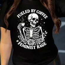 Women's Casual Short Sleeve Crew Neck T-Shirt, Spring Summer Autumn, Polyester Fabric, New Design With Rose Portrait Print, Breathable And Comfortable - 黑色 9 - 查看 6