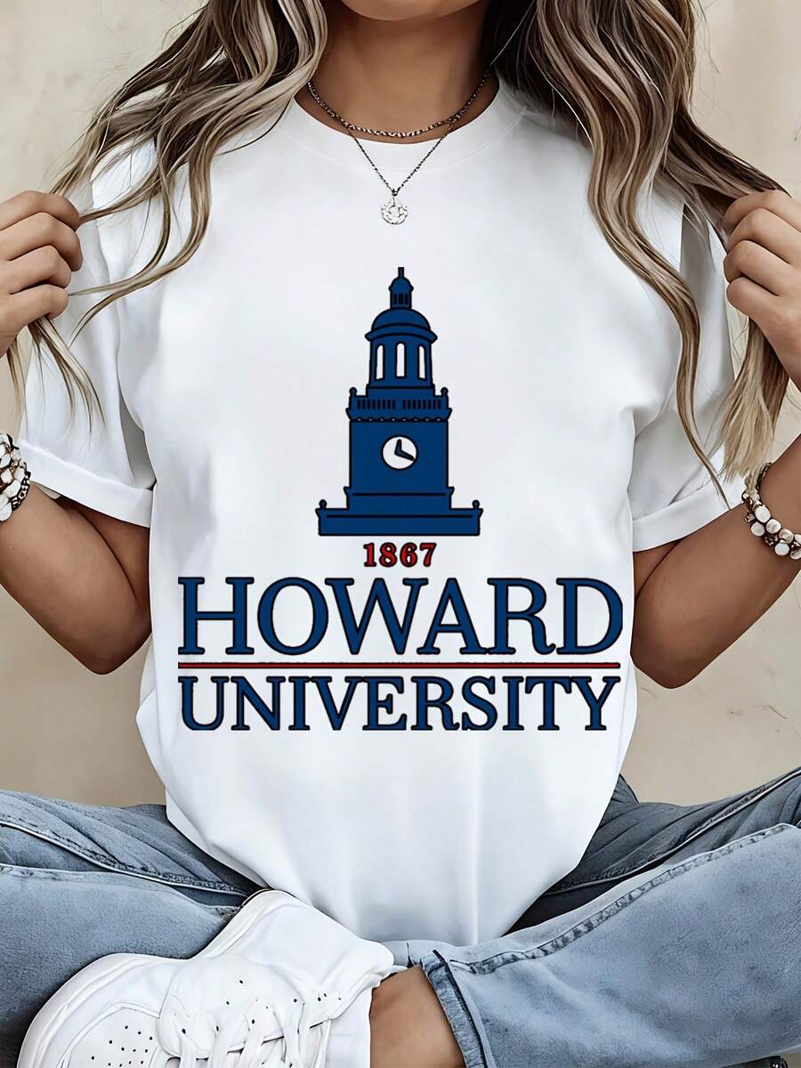 Tshirt Howard University 1867 Clock Tower Logo Print Casual Wear Suitable For Leisure And Sports Scenarios - 白色 - 查看 1