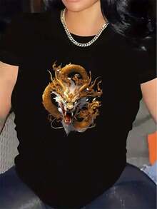 Loose, Lightweight, And Durable Short-Sleeve T-Shirt With A Gold Dragon Design, Perfect For Casual Wear At Home, In Restaurants, Or Outdoors, Offering A Comfortable Fit For Everyday Use. This Women's Cotton T-Shirt Is Breathable, Sweat-Wicking, And Ideal For Summer. - [白色的] - 查看 7