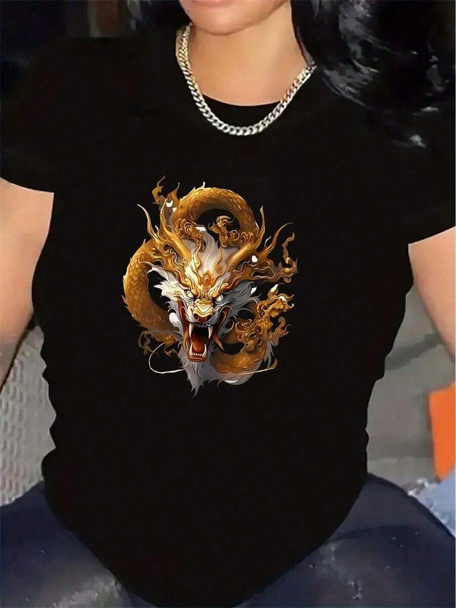 Loose, Lightweight, And Durable Short-Sleeve T-Shirt With A Gold Dragon Design, Perfect For Casual Wear At Home, In Restaurants, Or Outdoors, Offering A Comfortable Fit For Everyday Use. This Women's Cotton T-Shirt Is Breathable, Sweat-Wicking, And Ideal For Summer. - 黑色 - 查看 1