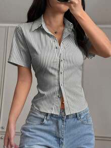 Blusa elegante para oficina con ajuste delgado, de manga corta, a rayas amarillas y blancas, estilo francés, para mujer - Negro - Ver 5