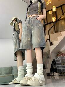 YCYC 美式復古牛仔 5 英吋女款街頭直筒寬腿修身顯瘦短褲 - 卡其色 - 查看 4